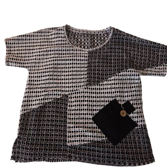 Onque Casual Womens Knit Open Weave Layered Short Sleeve Top Black White Small - Picture 2 of 12